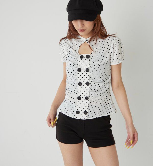  「Wボタンギャザーブラウス(ドット柄・無地)」|シャツ・ブラウス|