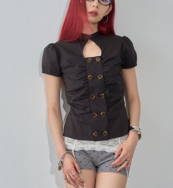  「Wボタンギャザーブラウス(ドット柄・無地)」|シャツ・ブラウス|ブラックその他1