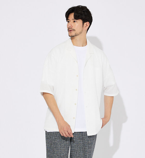 ABAHOUSE「【ブロック柄】ストレッチ シアーシャツ」|シャツ・ブラウス|ホワイト