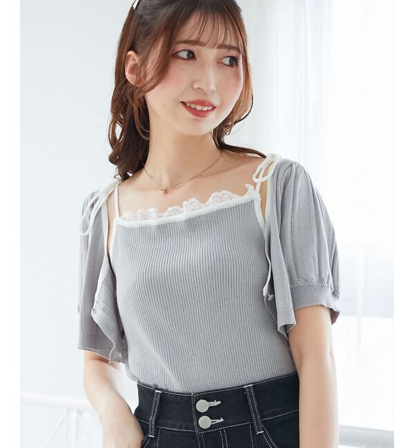  「キャミ＆バイカラークロップドカーデ」|カーディガン|