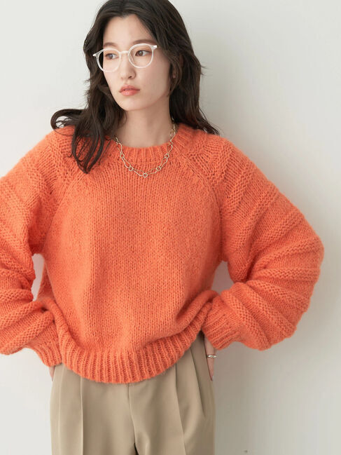 earth music&ecology「袖ガーター編みニットプルオーバー」|ニット・セーター|オレンジ