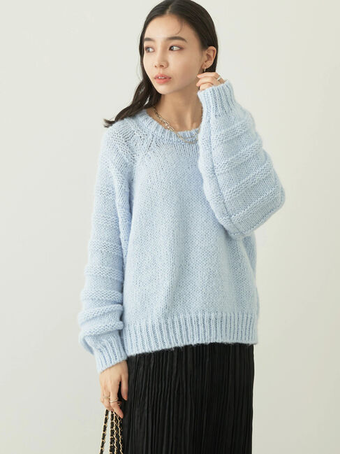 earth music&ecology「袖ガーター編みニットプルオーバー」|ニット・セーター|サックスブルー