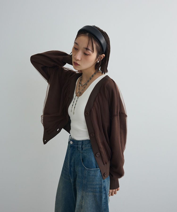 AnriettMusee「チュールドッキングVネックニットカーディガン」|カーディガン|