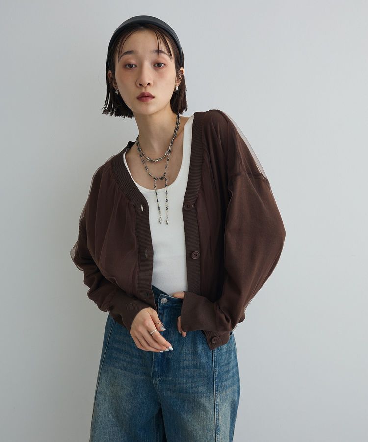 AnriettMusee「チュールドッキングVネックニットカーディガン」|カーディガン|Brown