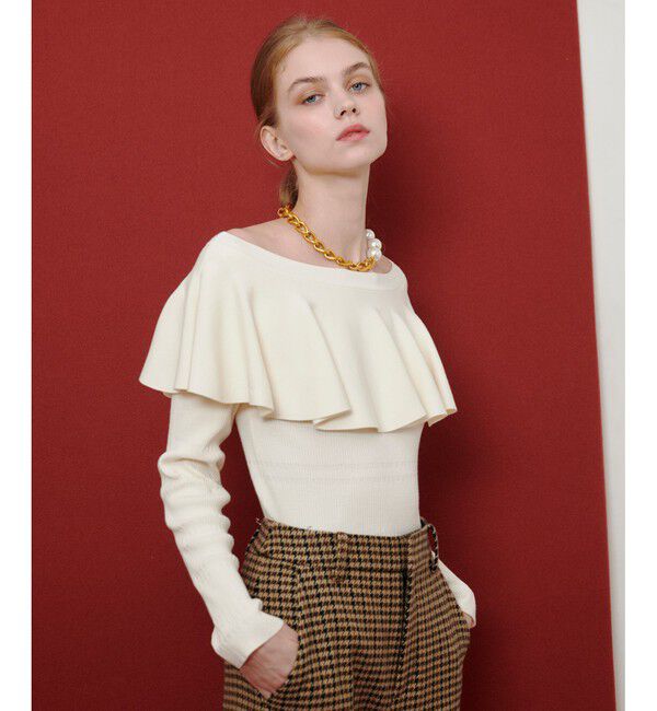 LOULOU WILLOUGHBY「【LOULOU WILLOUGHBY】ラッフルオフショルプルオーバー」|ニット・セーター|