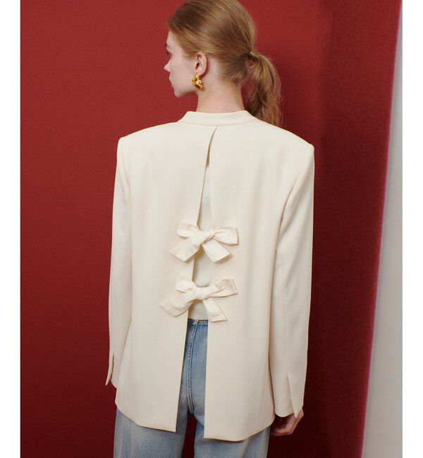 LOULOU WILLOUGHBY「【LOULOU WILLOUGHBY】ダブルクロスノーカラーリボンジャケット」|ノーカラージャケット|