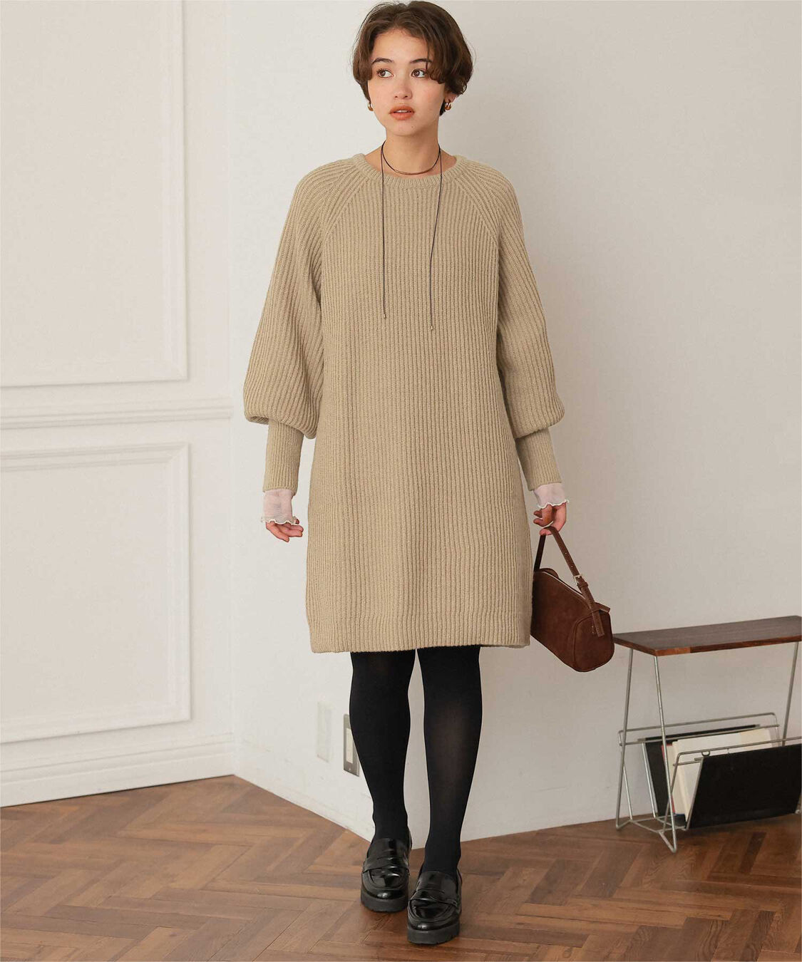 titivate「ボリュームスリーブニットミニワンピース」|ワンピース|ベージュ