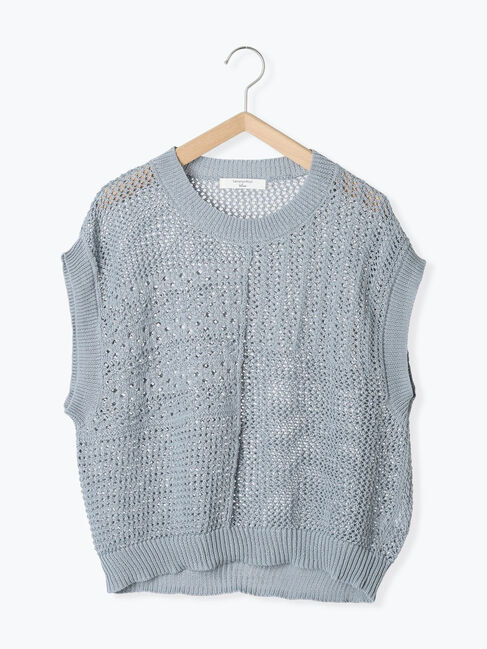 Samansa Mos2 blue「麻タッチパッチワークニットベスト」|ニット・セーター|