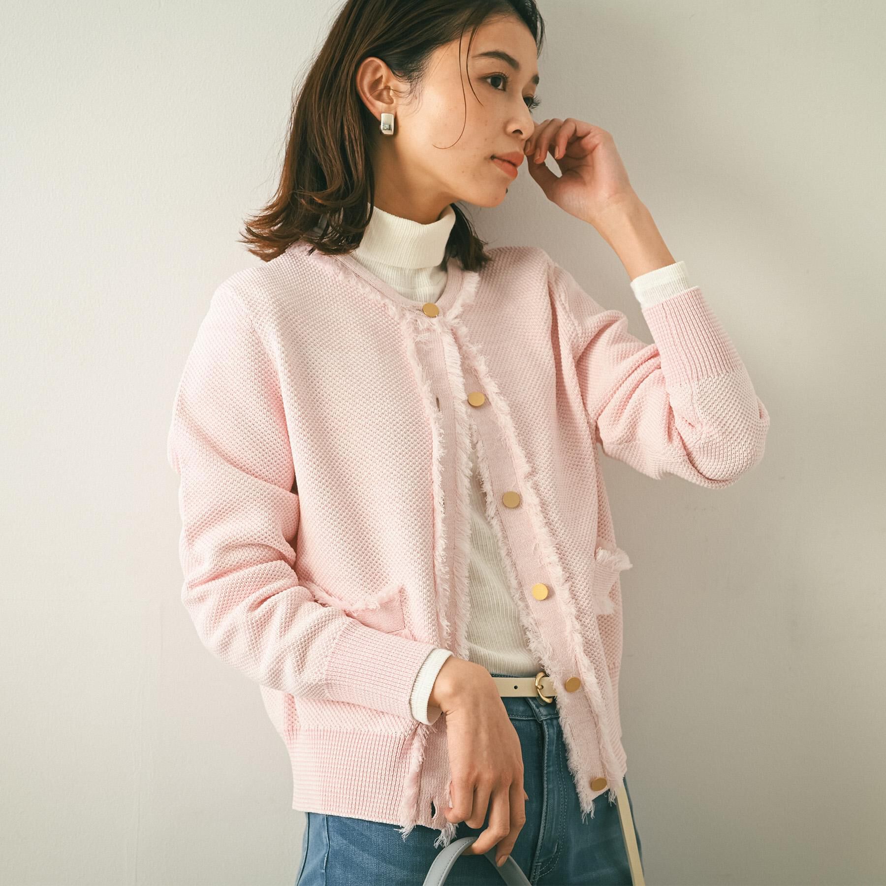 UNTITLED「【洗える/ジャケット風】ツイードニットカーディガン」|カーディガン|ライトピンク(470