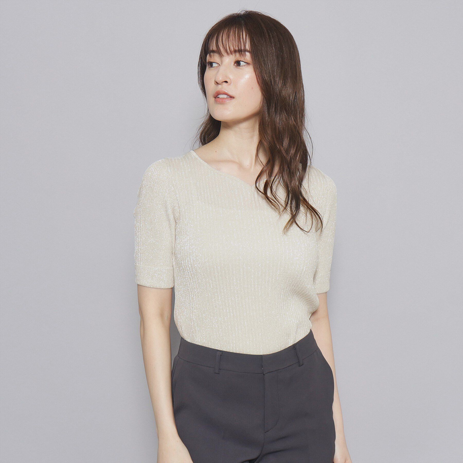 COUP DE CHANCE「【洗える／日本製／ハートネック】5分袖ラメ入りニットトップス」|ニット・セーター|ゴールド(607)