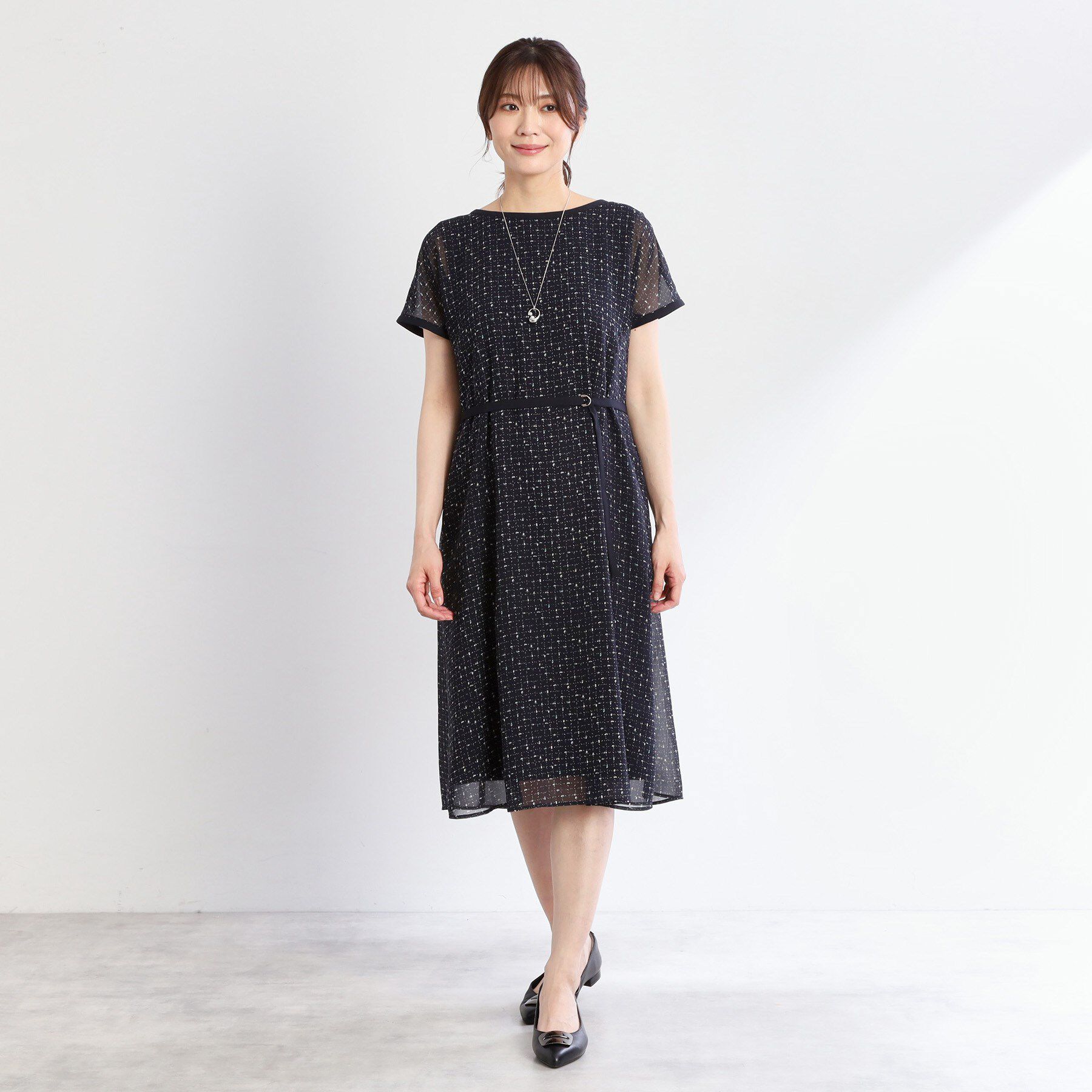 Reflect「【WEB先行カラーあり／マシンウォッシュ可／ナローベルト付き】オフボディツイードチェックワンピース」|ワンピース|