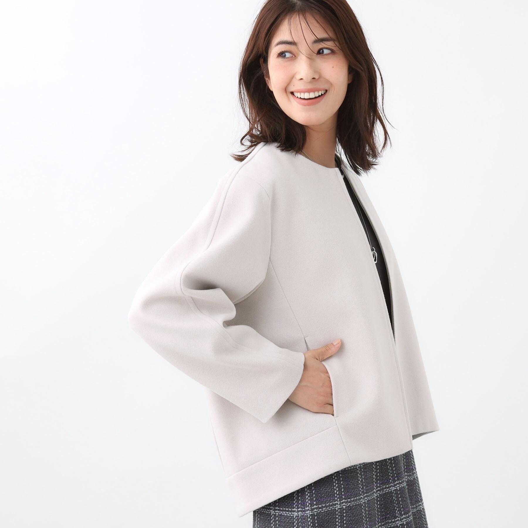 Reflect「【ゆったりシルエット】ジャージメルトンコクーンジャケット」|ノーカラーコート|グレージュ(050)