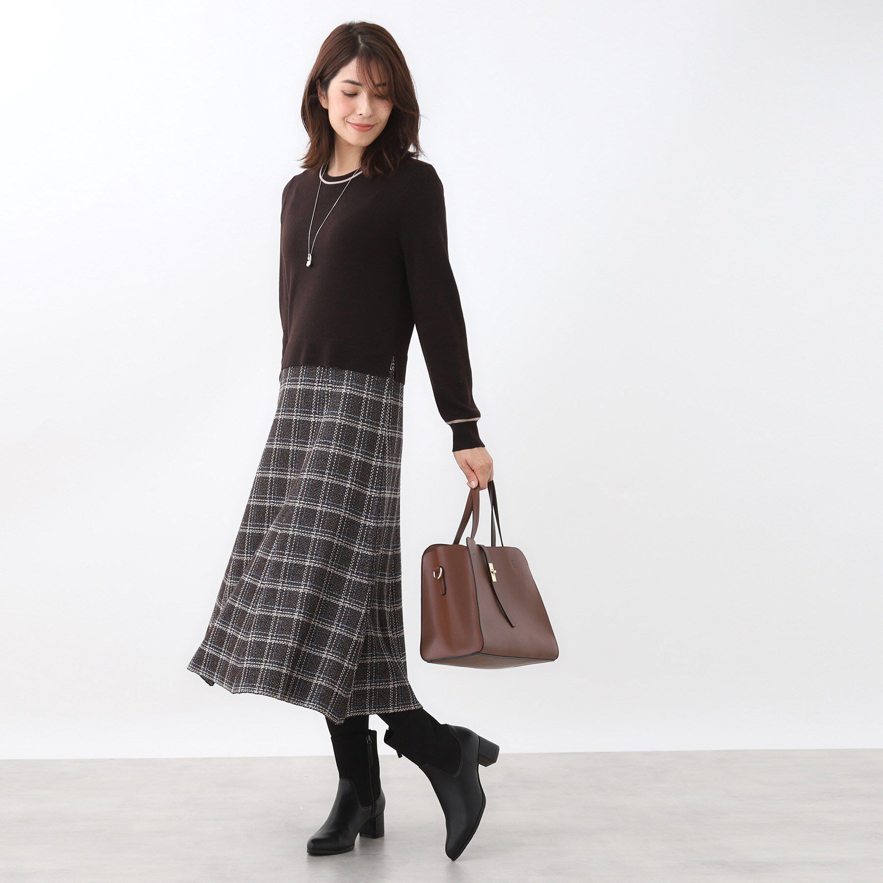 Reflect「【コートインでもすっきり◎】チェック柄ニットドッキングワンピース」|ワンピース|