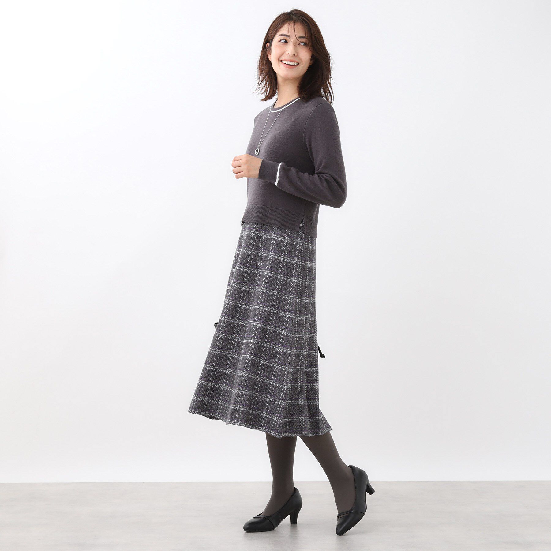 Reflect「【コートインでもすっきり◎】チェック柄ニットドッキングワンピース」|ワンピース|