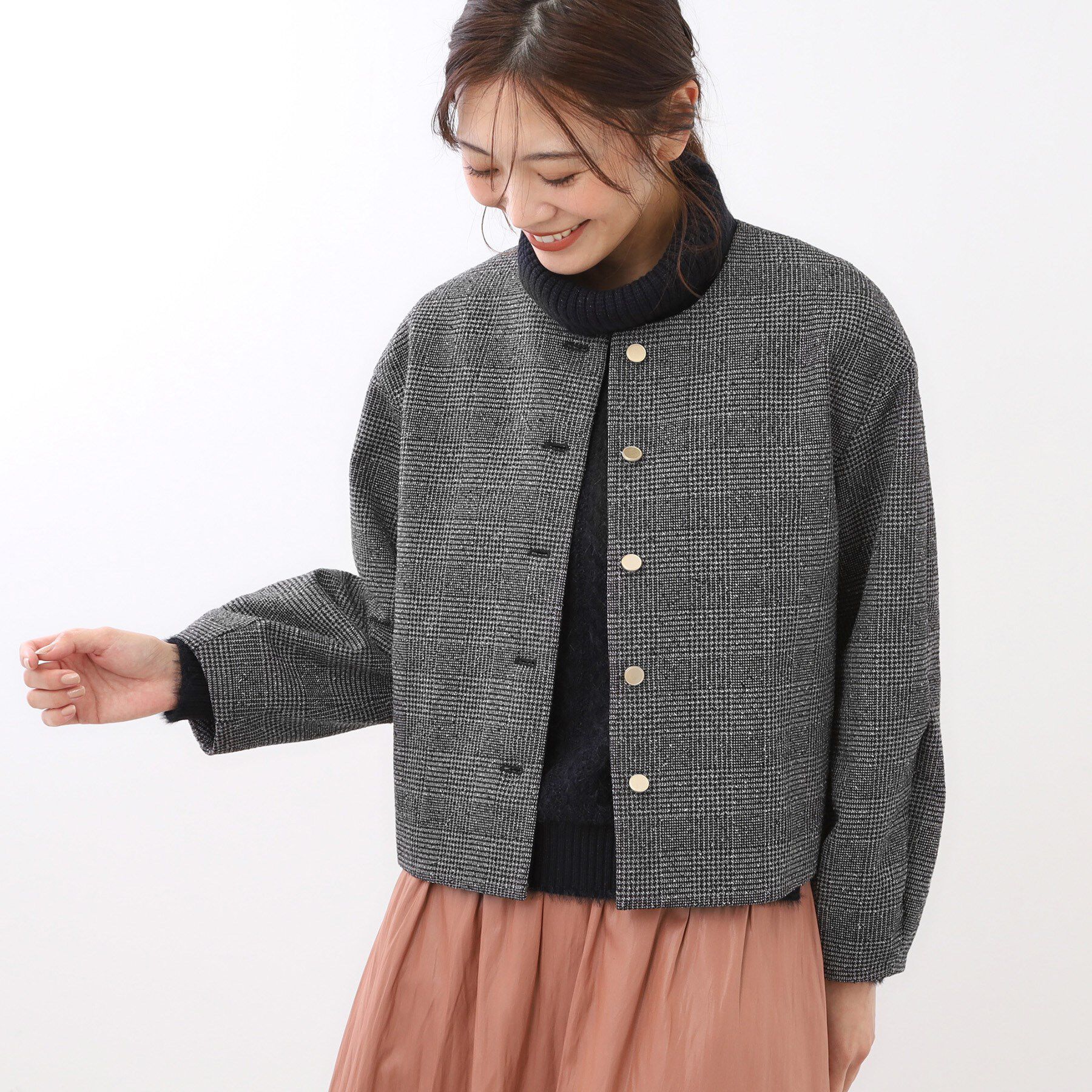 Reflect「【着映え◎／アームホールゆったり】グレンチェックジャコット」|ノーカラージャケット|