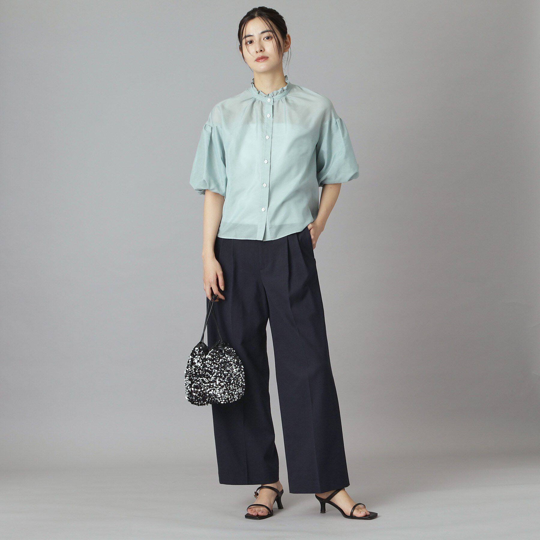 DRESSTERIOR「【1枚で着映え/ウォッシャブル】スタンドフリルボリュームスリーブブラウス」|シャツ・ブラウス|