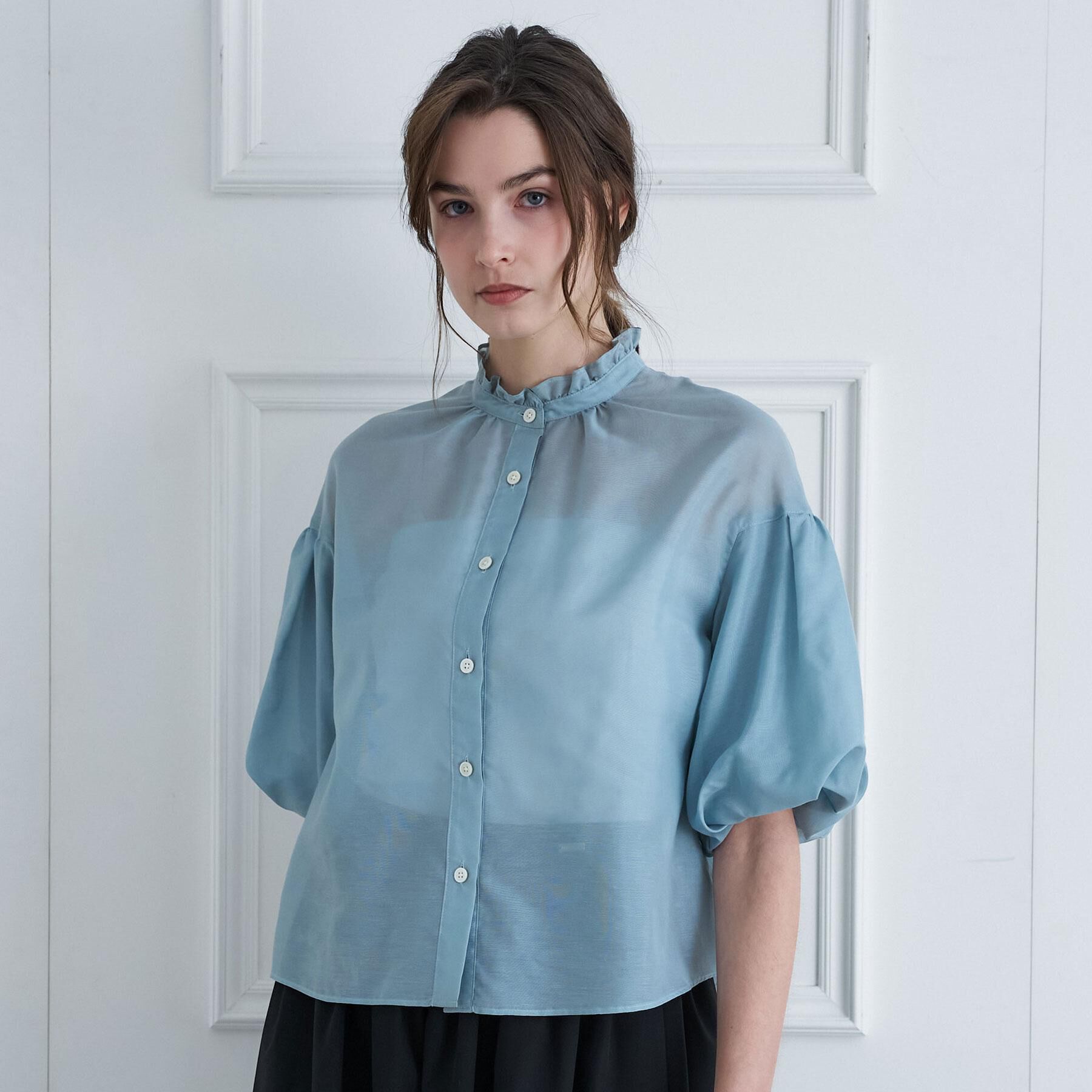 DRESSTERIOR「【1枚で着映え/ウォッシャブル】スタンドフリルボリュームスリーブブラウス」|シャツ・ブラウス|