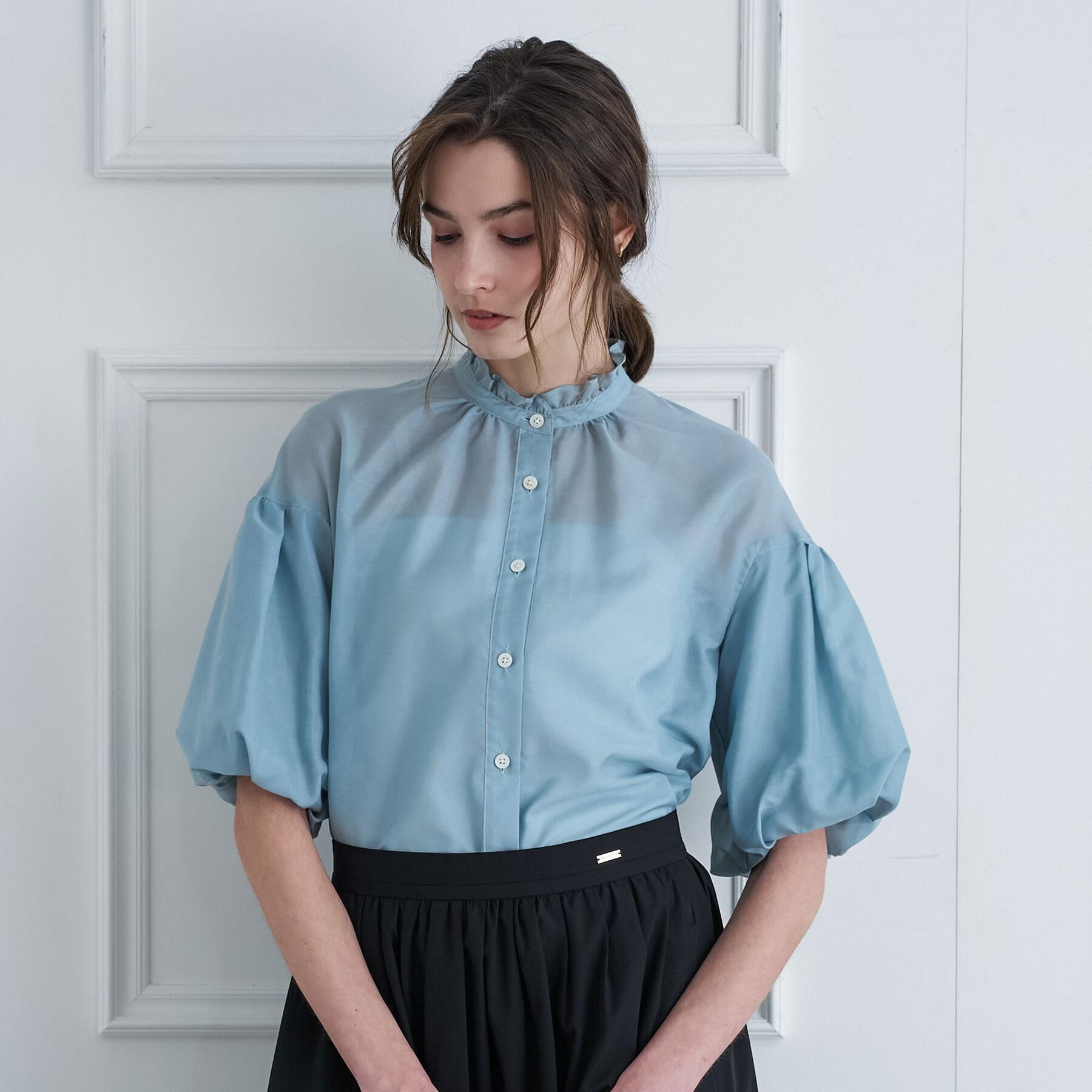 DRESSTERIOR「【1枚で着映え/ウォッシャブル】スタンドフリルボリュームスリーブブラウス」|シャツ・ブラウス|ミントグリーン(02