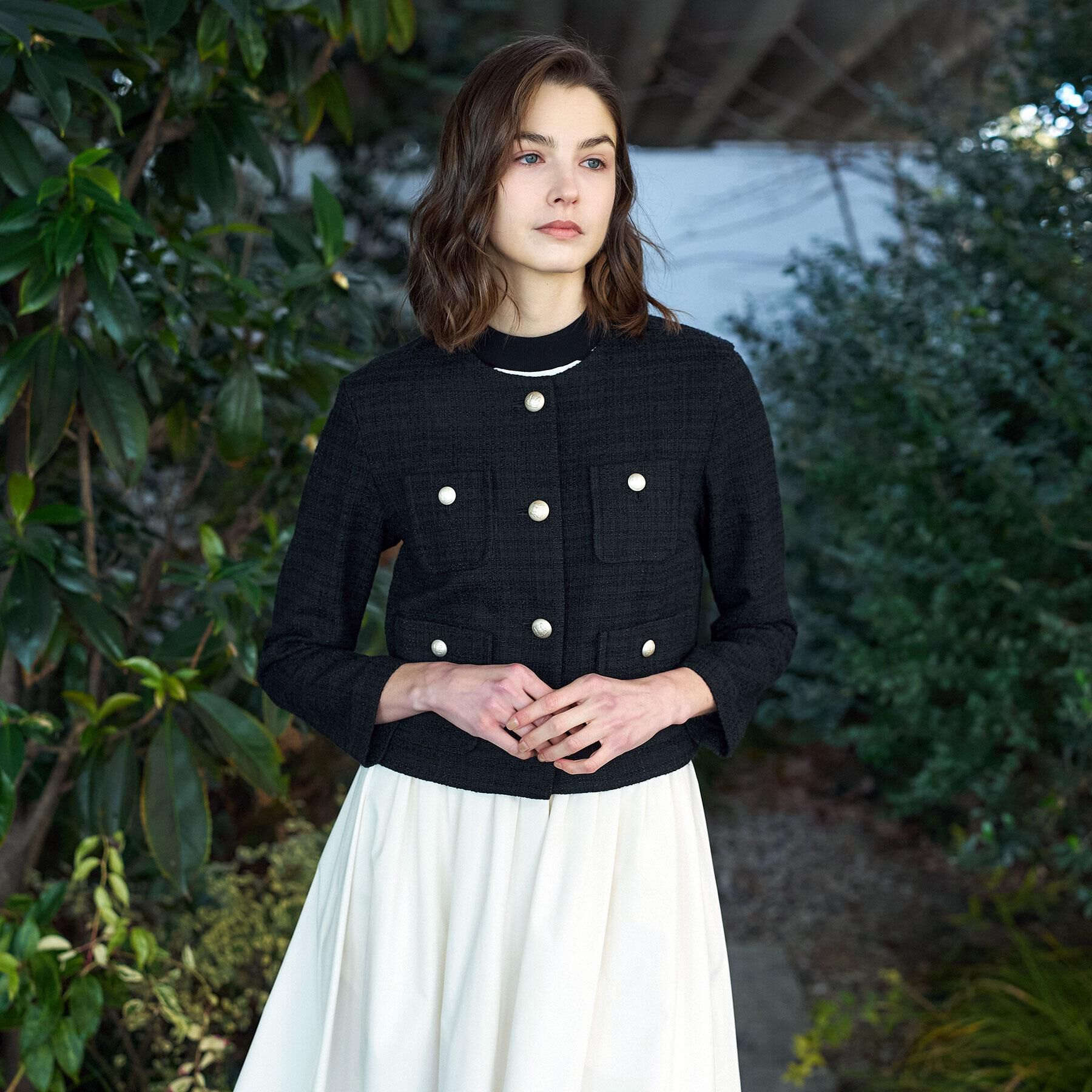 DRESSTERIOR「ブラックファンシーツイードジャケット」|ノーカラージャケット|