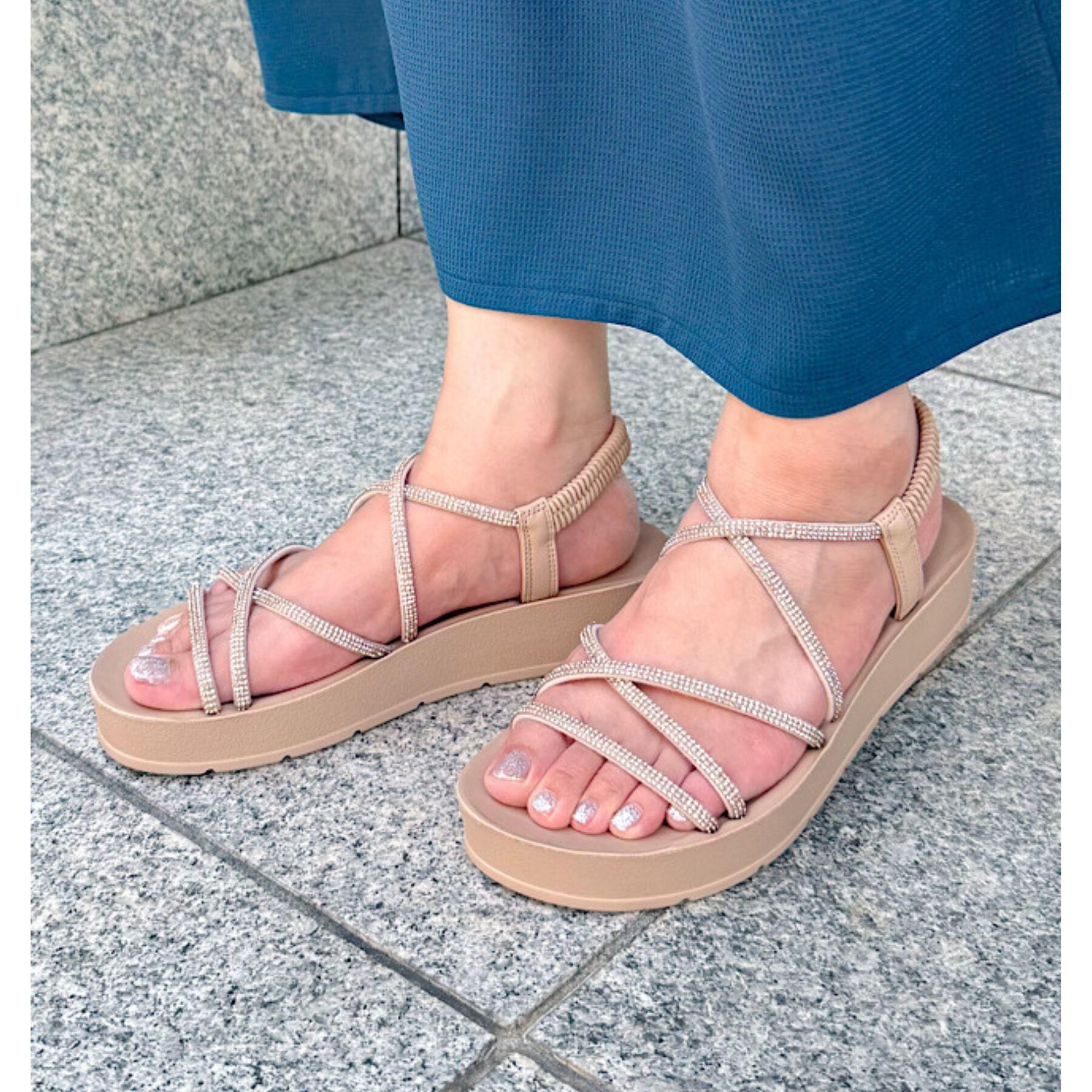 grove「【新色追加・人間工学】ワンタッチラインストーンストラップ厚底サンダル」|サンダル|