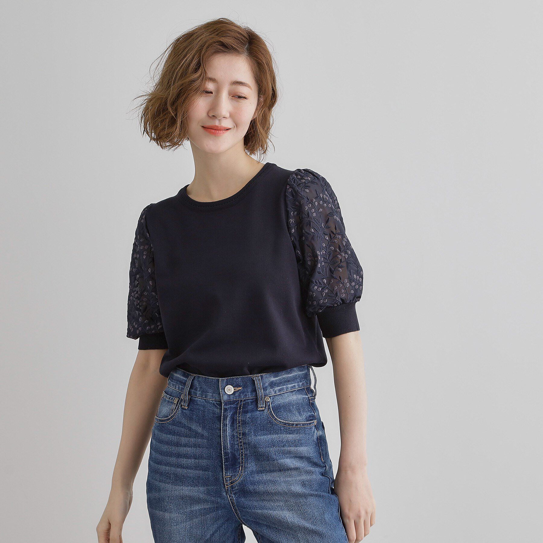 grove「ほんのり透ける抜け感がポイント！袖刺繍5分袖プルオーバー」|ニット・セーター|ネイビー(094)