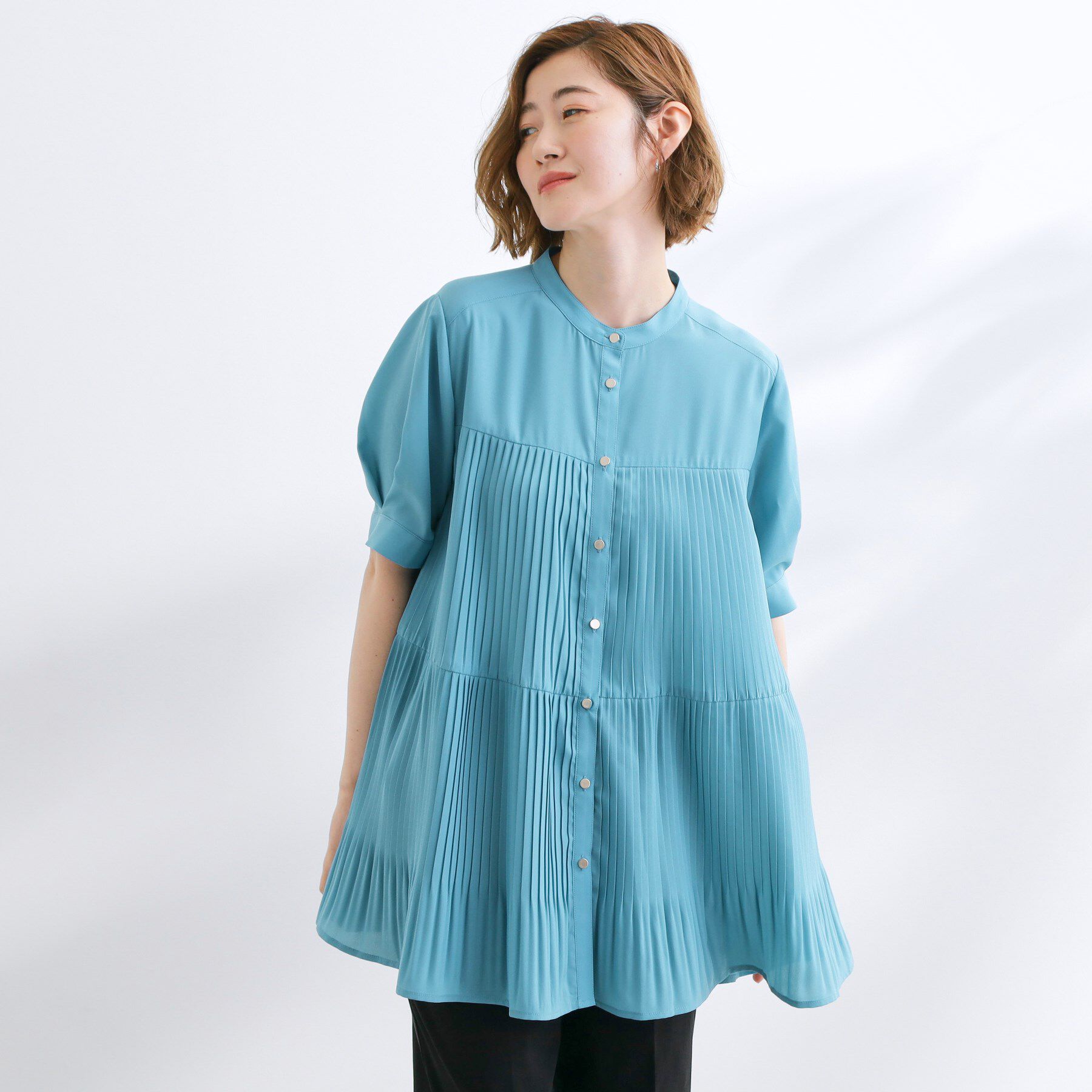 grove「【体型カバー】ラフに着たい　ティアードプリーツブラウス」|シャツ・ブラウス|ブルー(092)
