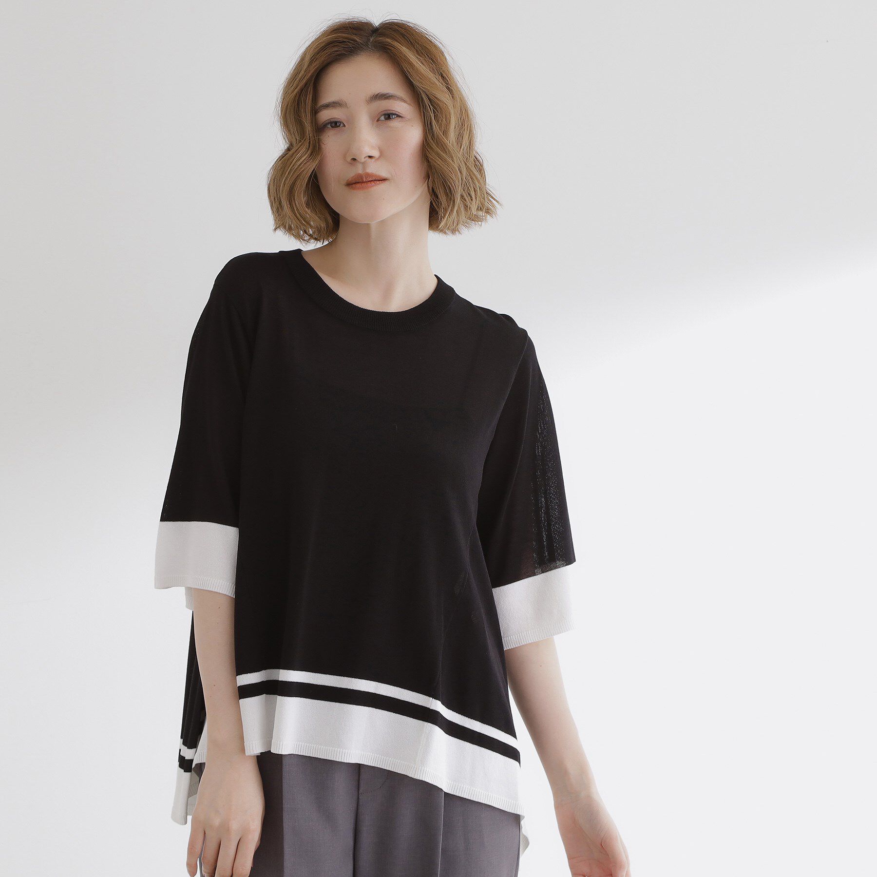 grove「涼やか体型カバー　配色シアーニットプルオーバー」|ニット・セーター|