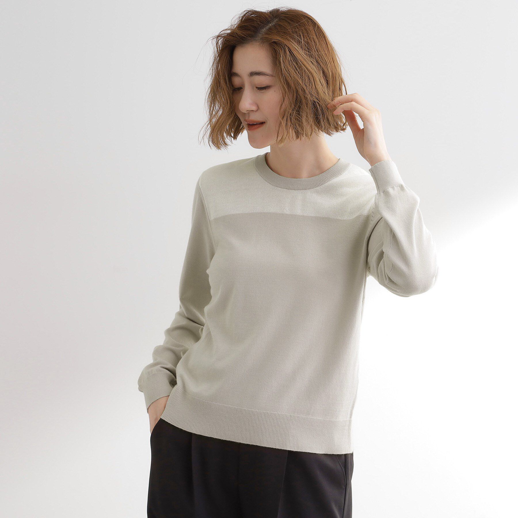 grove「【アンサンブル対応】バイカラー切替ニット」|ニット・セーター|ライトグレー&times;オフ(