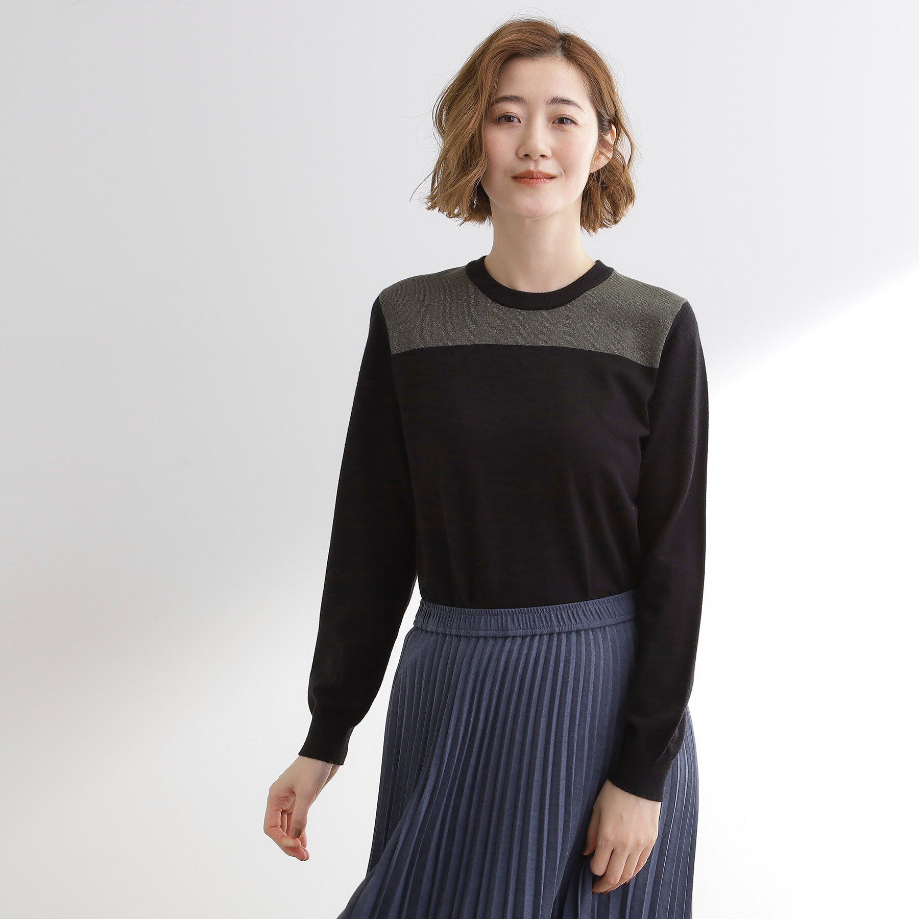 grove「【アンサンブル対応】バイカラー切替ニット」|ニット・セーター|ブラック&times;チャコール