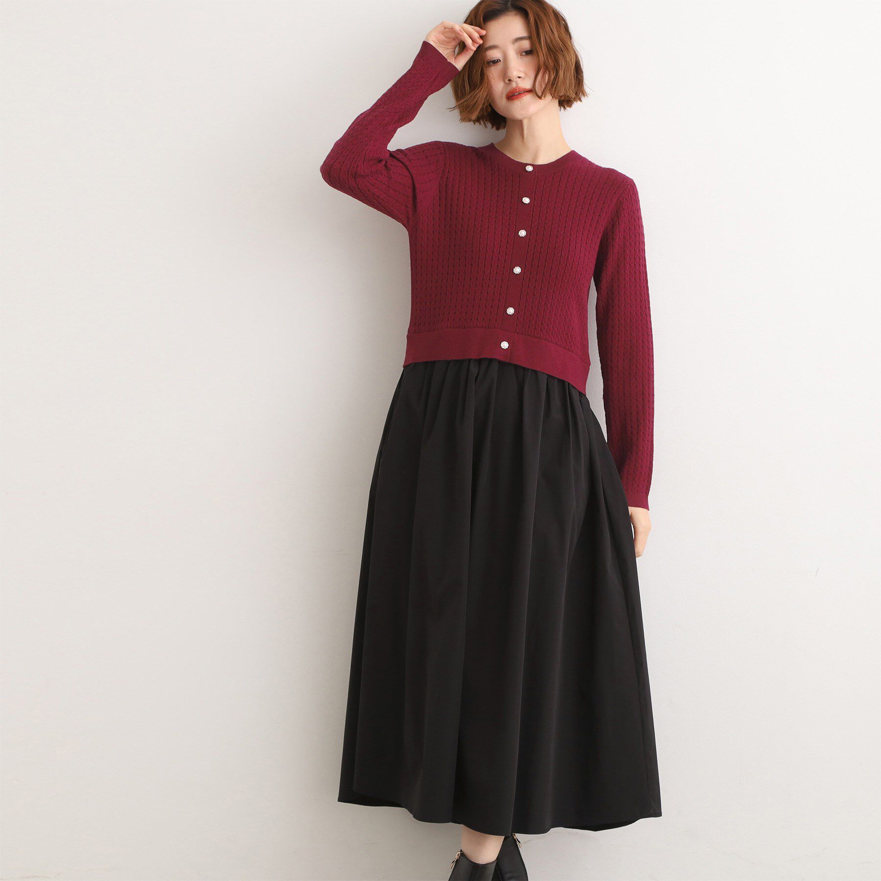grove「ケーブルニットドッキングワンピース」|ワンピース|ボルドー(064)