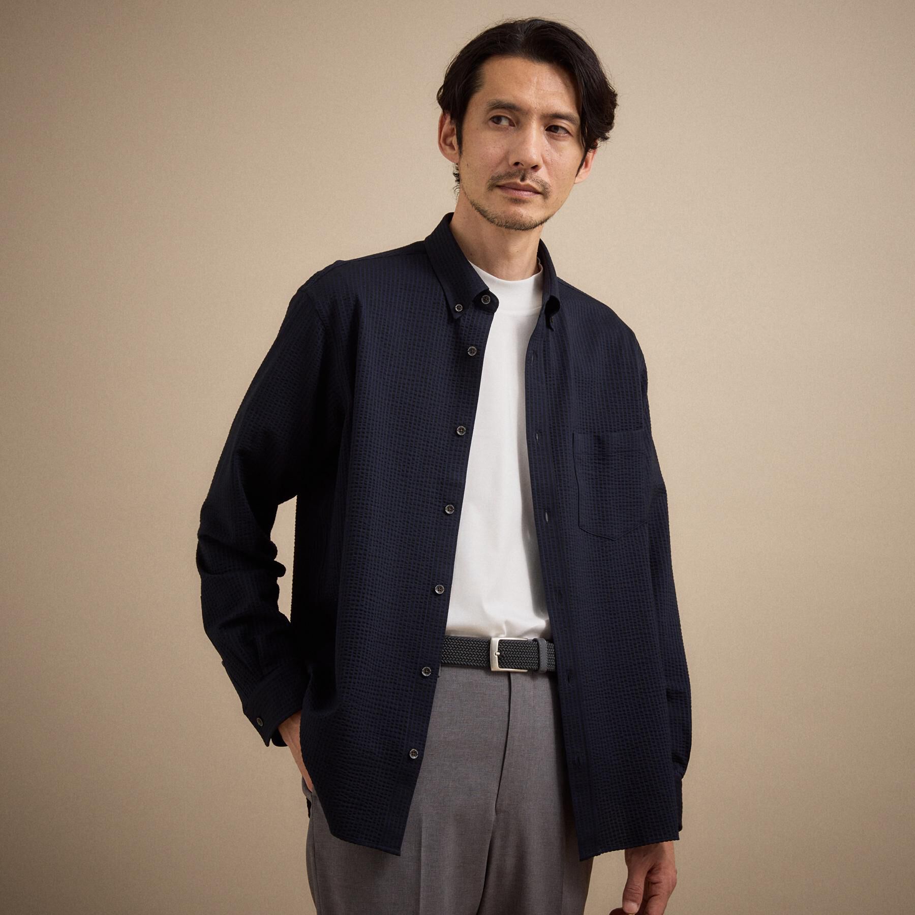 TAKEO KIKUCHI「【抗菌防臭/シーズンレス】シアサッカー ジャージシャツ」|シャツ・ブラウス|ﾈｲﾋﾞｰ(393)