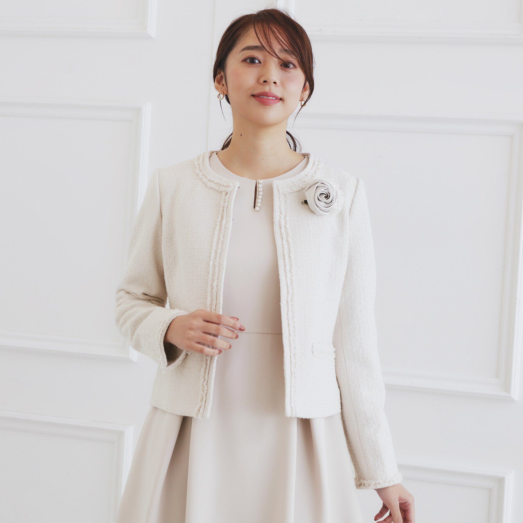 index「《通勤/セットアップ対応》ノーカラーツイードジャケット【洗える】」|ノーカラージャケット|グレージュ(050)