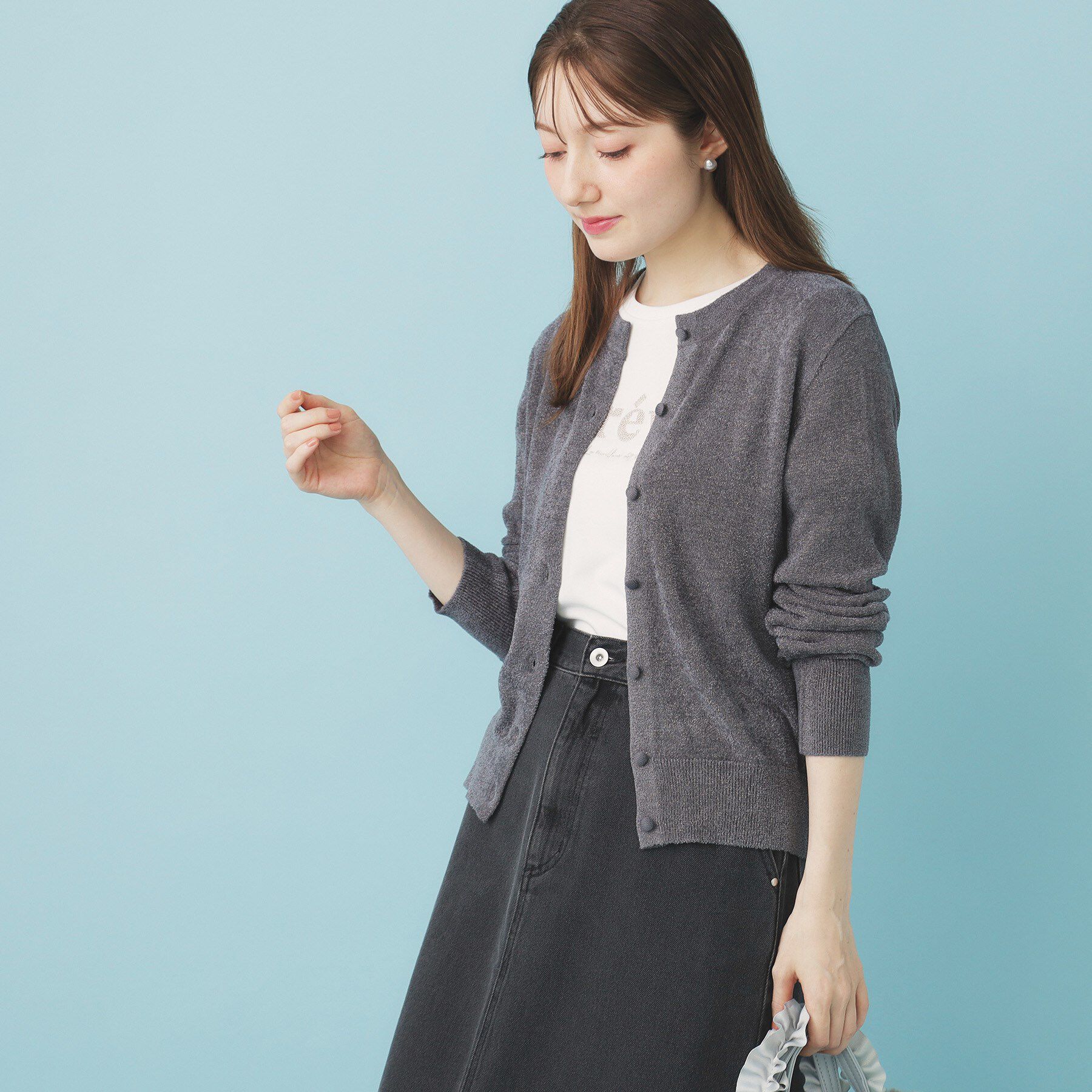 index「ミニモールラメコンパクトクルーカーディガン/アンサンブル対応【洗濯機OK】」|カーディガン|チャコールグレー(0