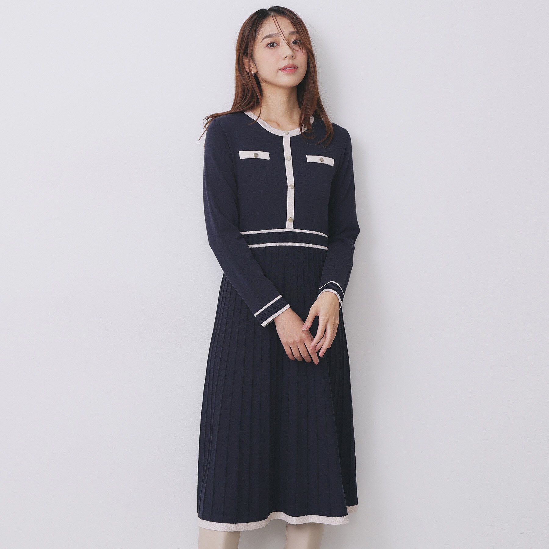 index「バイカラードッキング風ニットワンピース【洗濯機OK/抗ピル】」|ワンピース|ネイビー(594)