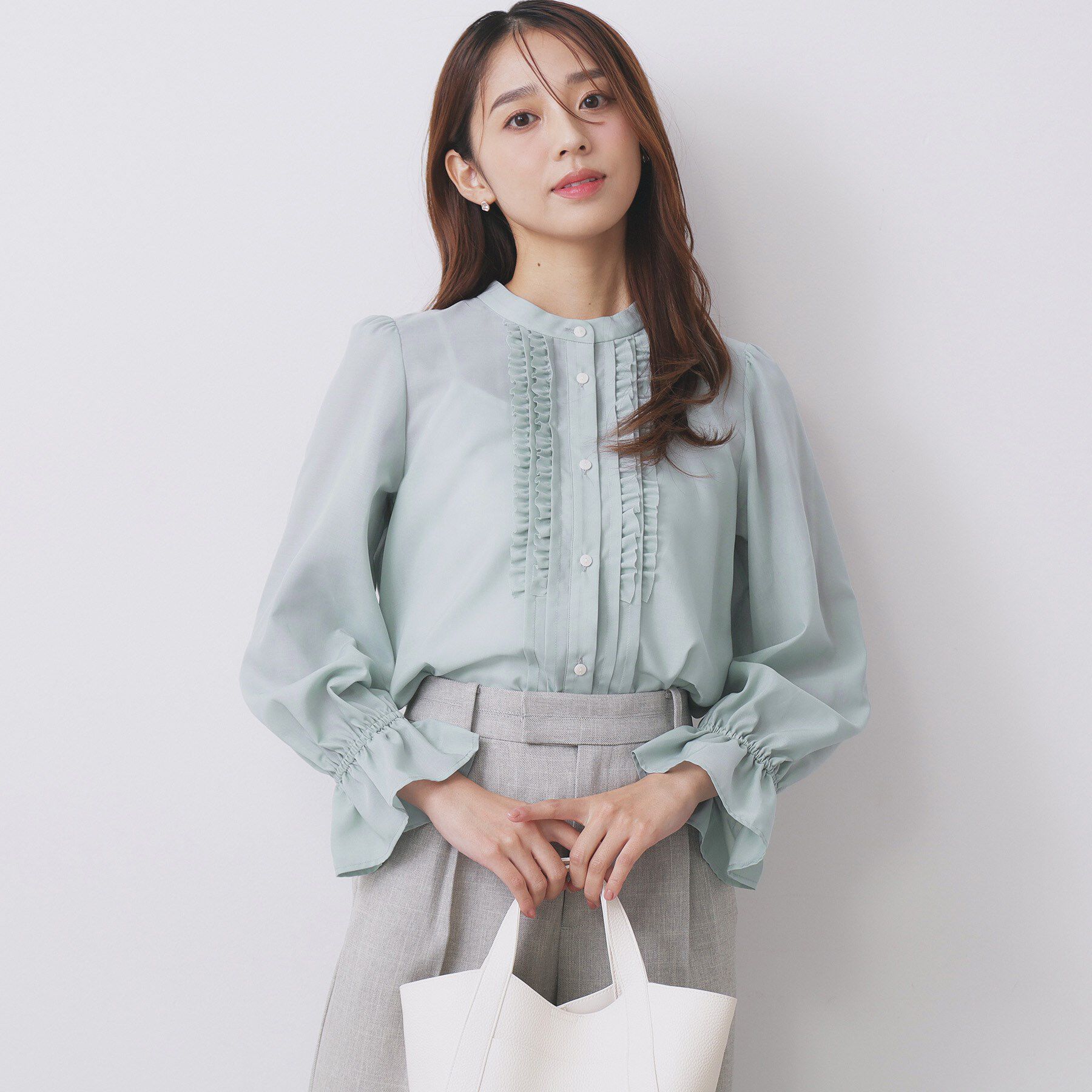 index「タックフリルバンドカラーブラウス【洗濯機OK/イージーアイロン】」|シャツ・ブラウス|ミントグリーン(02