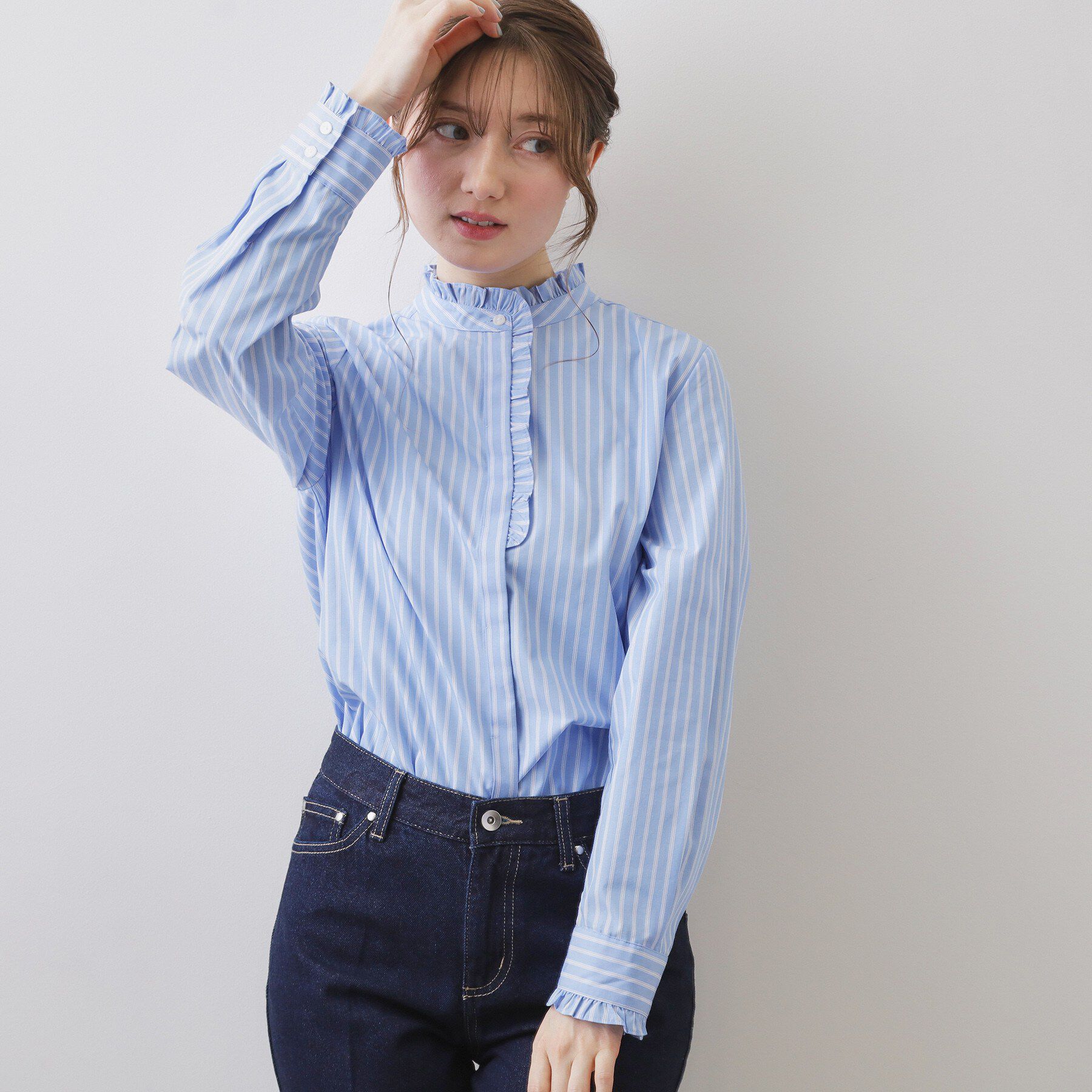 index「ブロードフロントフリルブラウス【洗濯機OK】《5col》」|シャツ・ブラウス|サックスブルー(89