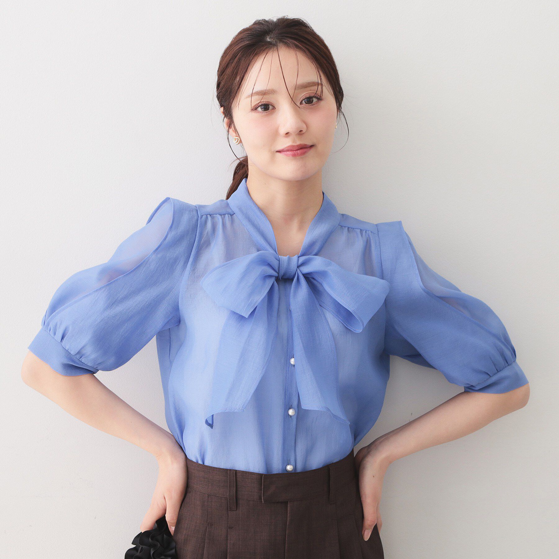 index「オーガンシアーリボンフリルブラウス【洗濯機OK／イージーアイロン】」|シャツ・ブラウス|ブルー(092)