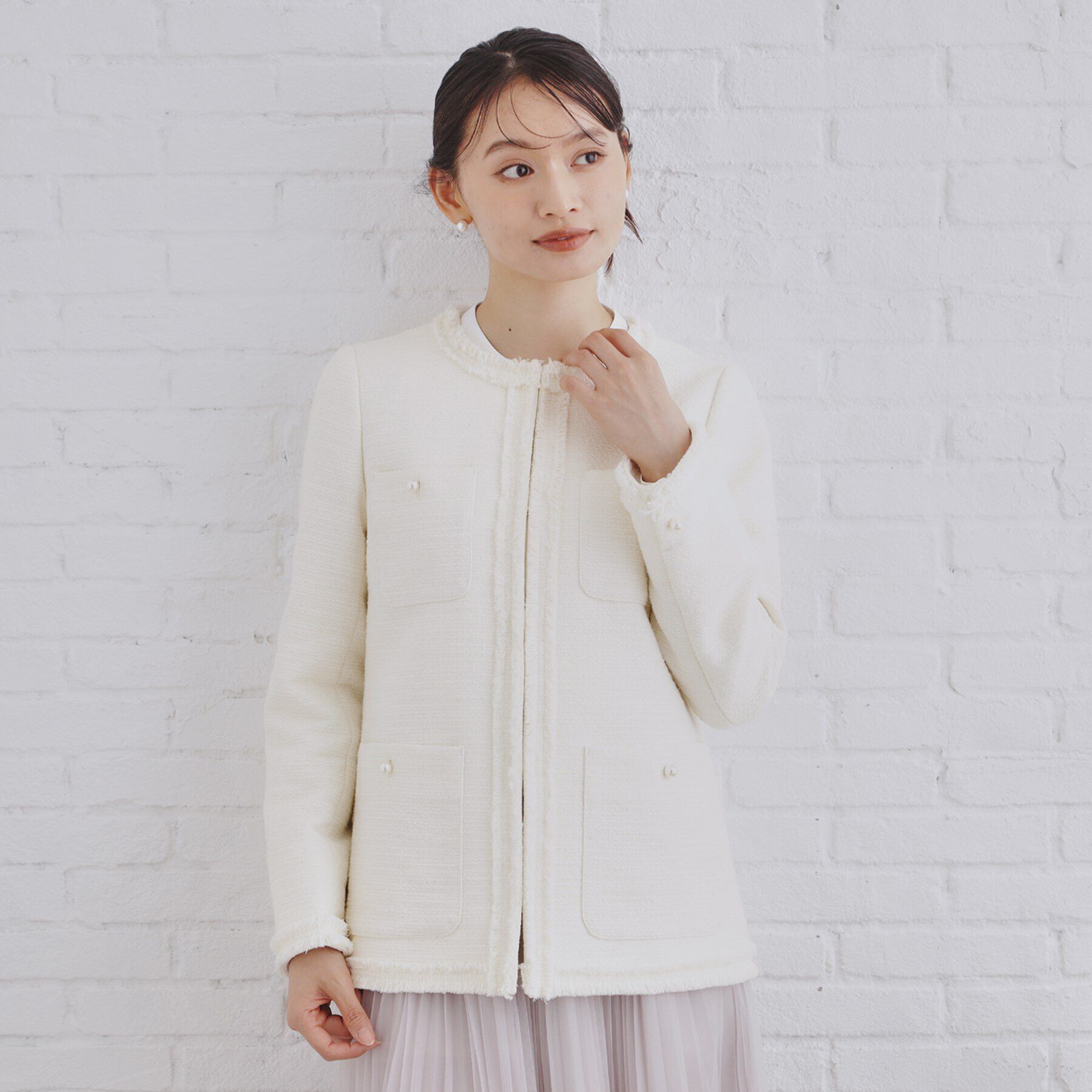 OPAQUE.CLIP「《通勤対応》コットンツイードミドルジャケット」|ノーカラージャケット|