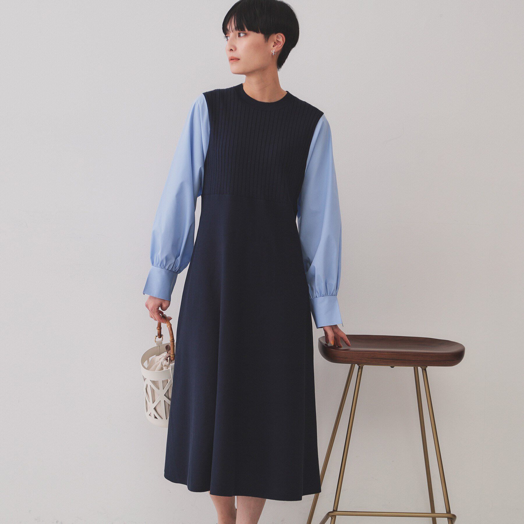 OPAQUE.CLIP「フハクスリーブドッキングニットワンピース【洗濯機洗い可/抗ピル】」|ワンピース|ネイビー(594)