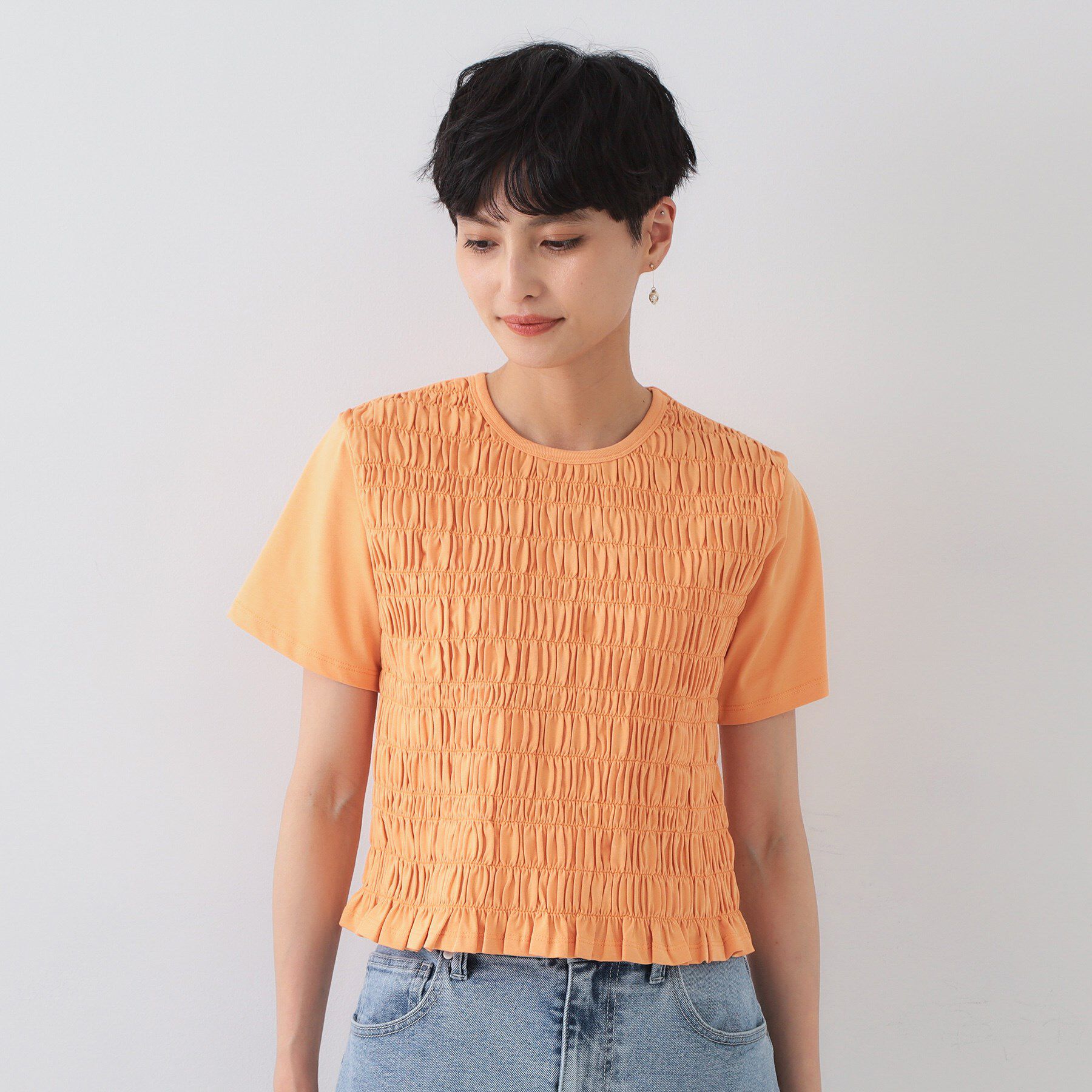 OPAQUE.CLIP「シャーリングショートTシャツ【洗濯機洗い可】」|Tシャツ・カットソー|