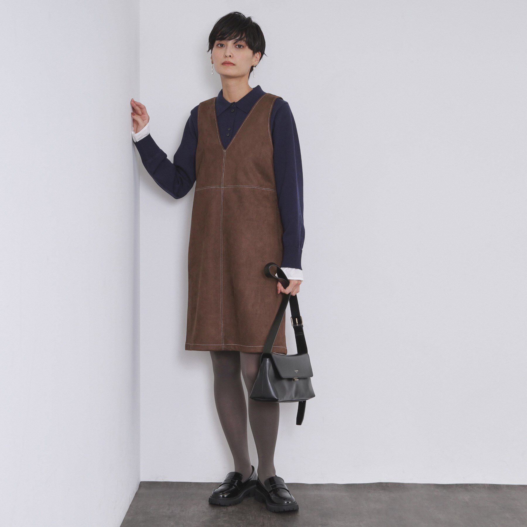 OPAQUE.CLIP「スエードライクVネックジャンドレ【洗濯機OK】」|ワンピース|ブラウン(044)