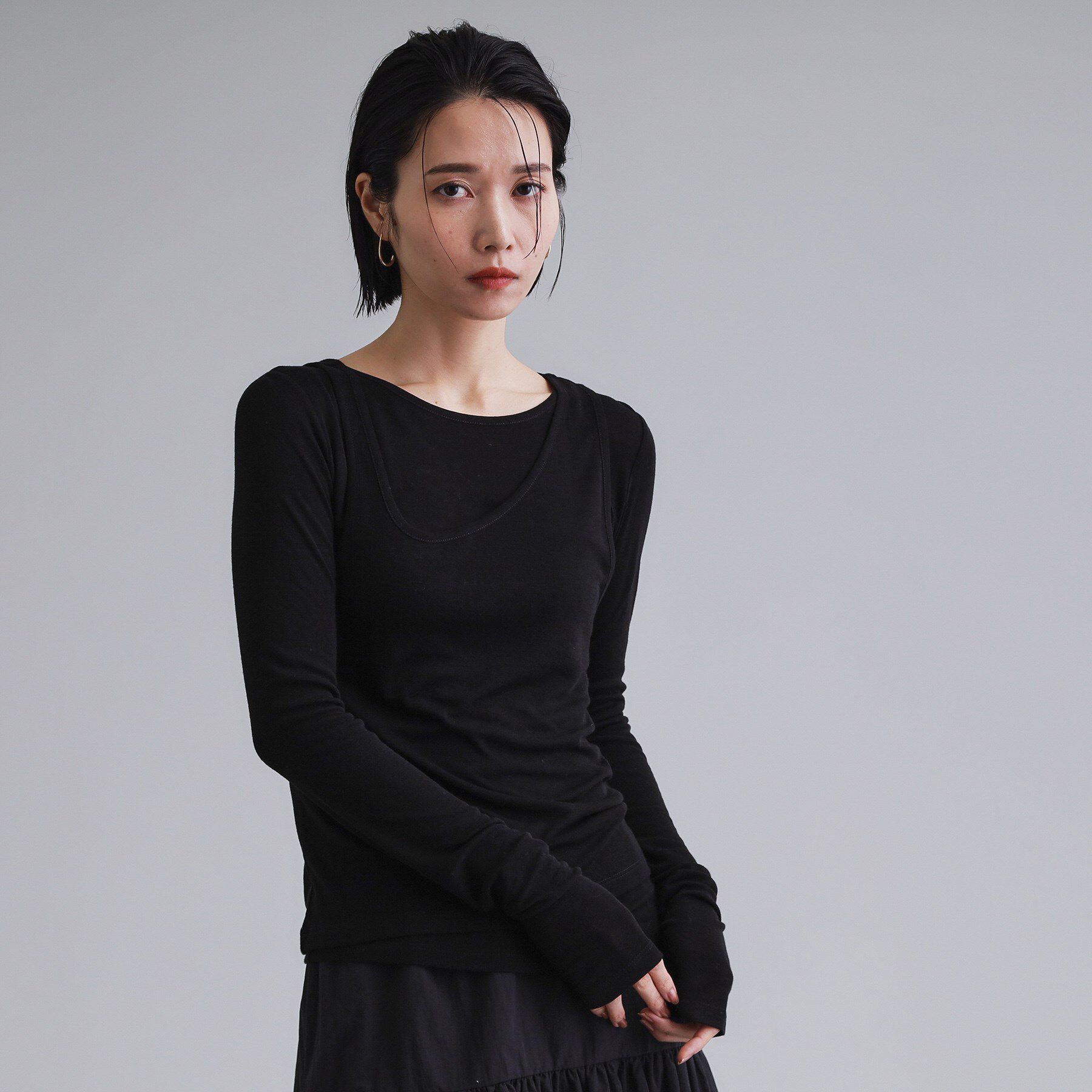 OPAQUE.CLIP「【es】シアーリブアシメレイヤードカットソー」|Tシャツ・カットソー|ブラック(019)