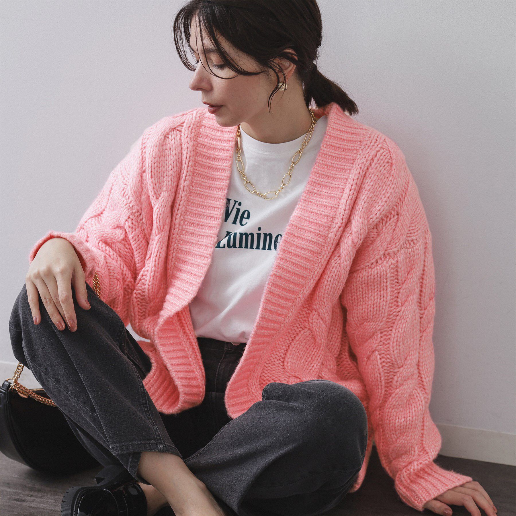 OPAQUE.CLIP「ケーブルローゲージニットカーディガン【洗濯機OK】」|カーディガン|ピンク(072)