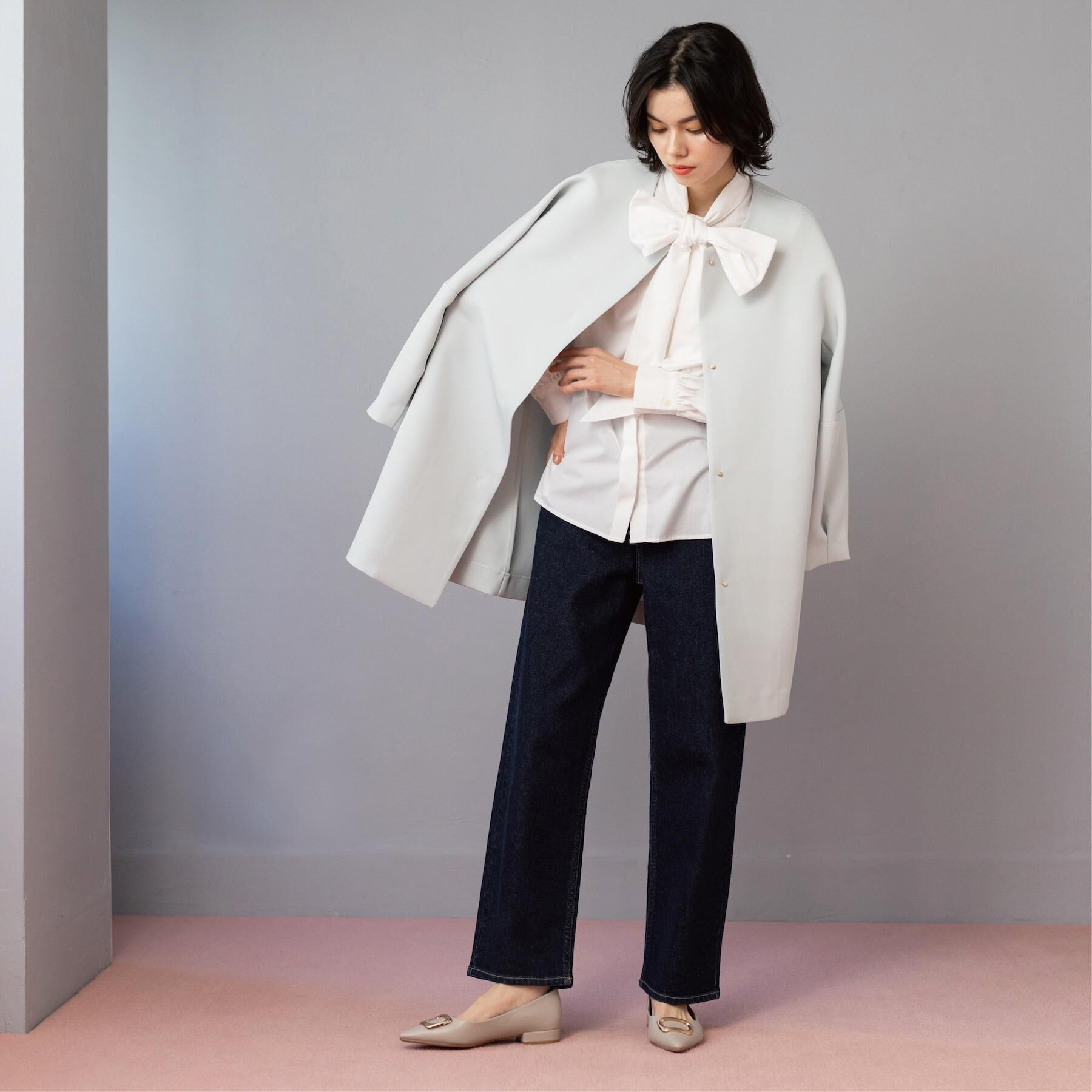 OPAQUE.CLIP「フォルムスリーブミドルコート【洗濯機OK】」|ノーカラーコート|