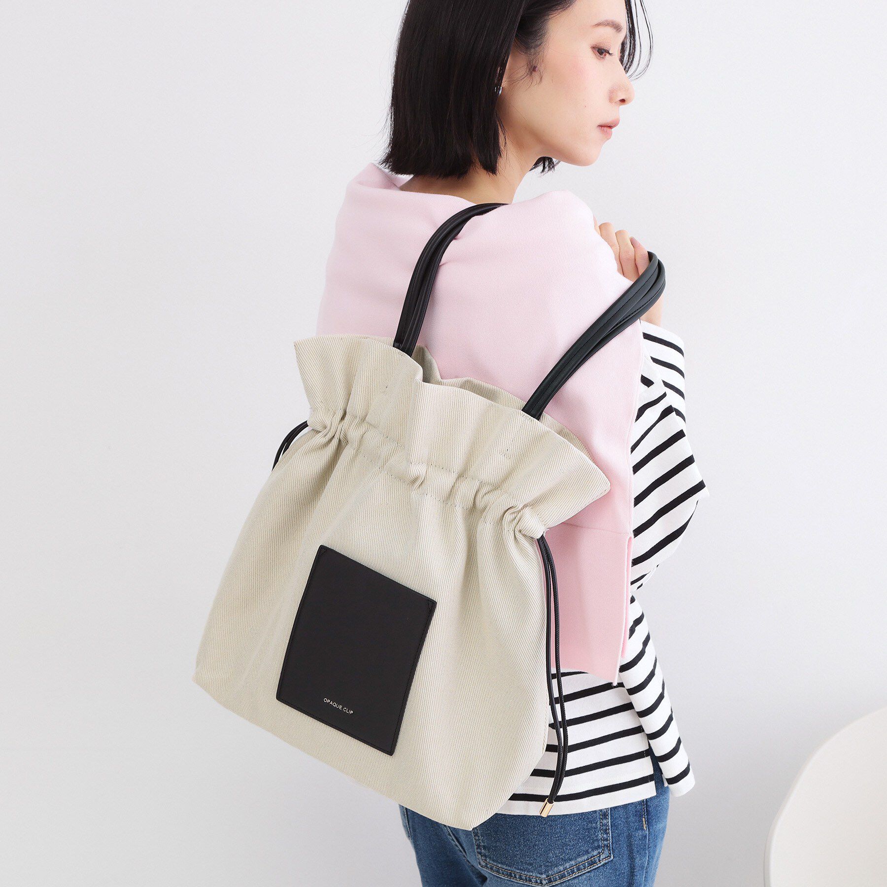 OPAQUE.CLIP「素材アソートドロストデザイン巾着トートバッグ【A4サイズ対応】」|トートバッグ|ブラック(519)