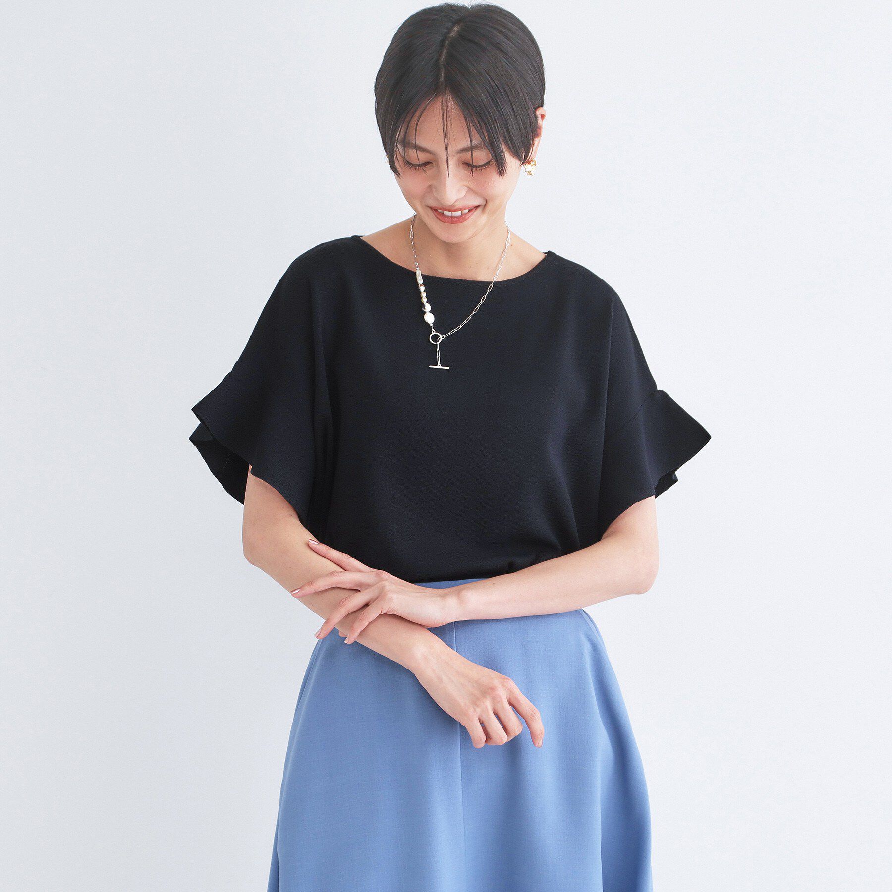 OPAQUE.CLIP「【UVケア/遮熱性】フリルスリーブニット《7col/洗濯機OK》」|ニット・セーター|ブラック(019)