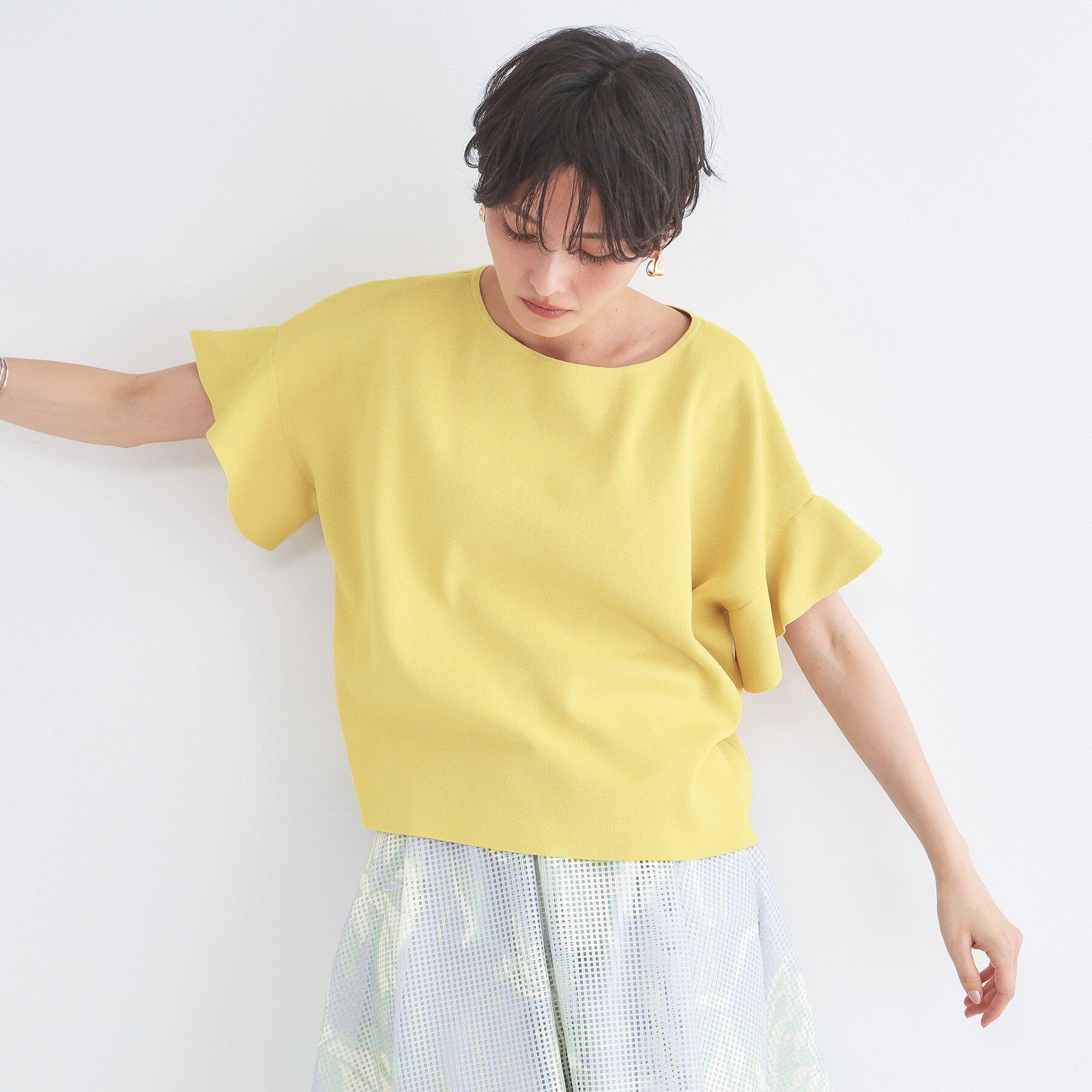 OPAQUE.CLIP「【UVケア/遮熱性】フリルスリーブニット《7col/洗濯機OK》」|ニット・セーター|イエロー(031)