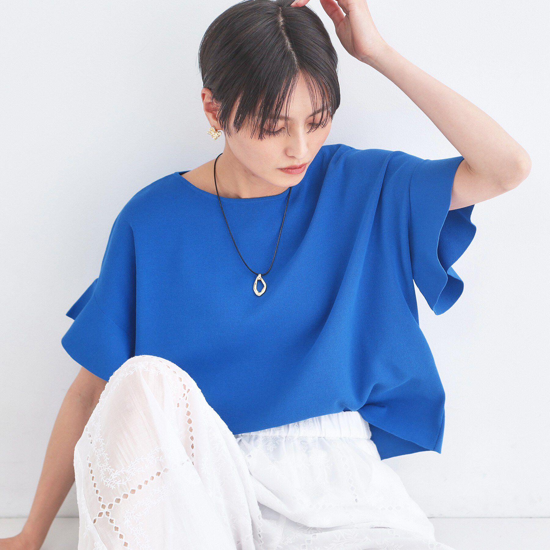 OPAQUE.CLIP「【UVケア/遮熱性】フリルスリーブニット《7col/洗濯機OK》」|ニット・セーター|ブルー(093)