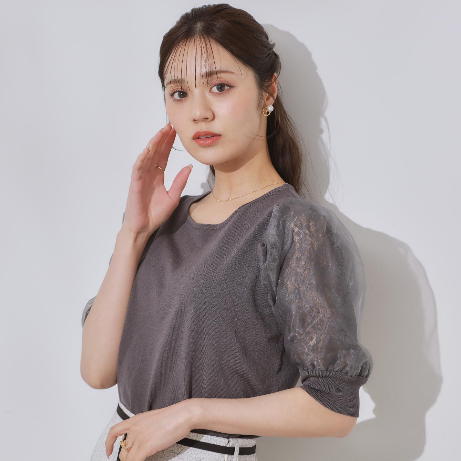 Couture broach「【洗える・UV機能・通勤】オーガンレース袖ニット」|ニット・セーター|