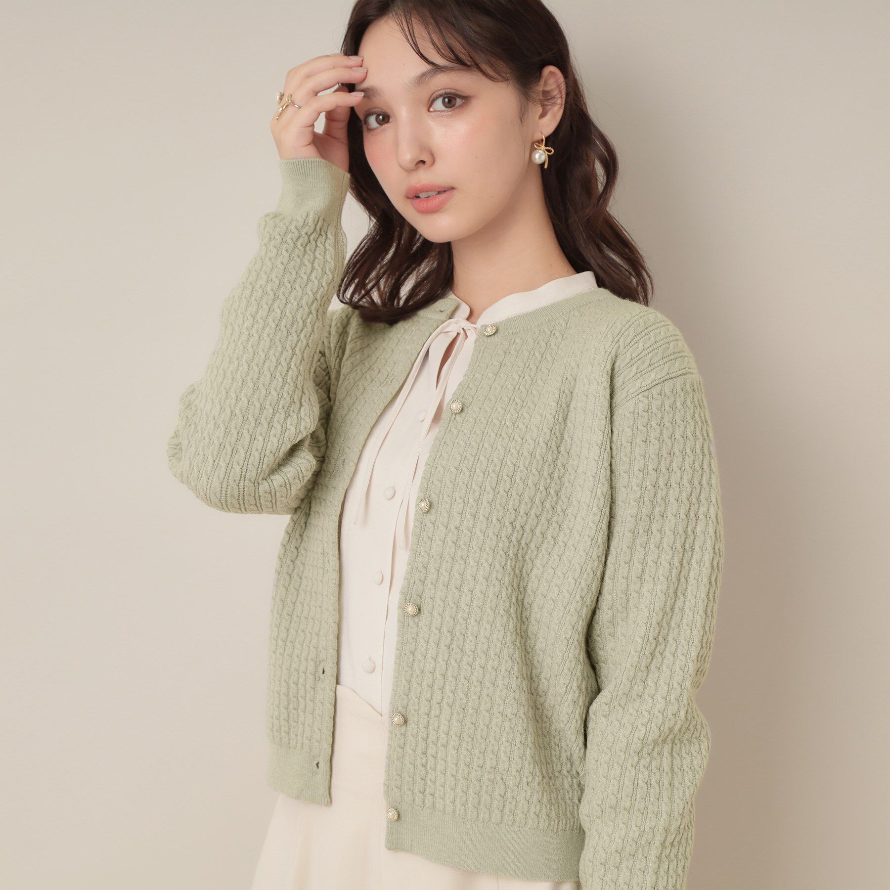 Couture broach「【大人可愛い・きれいめ・通勤】ケーブルカーディガン」|カーディガン|ミントグリーン(02